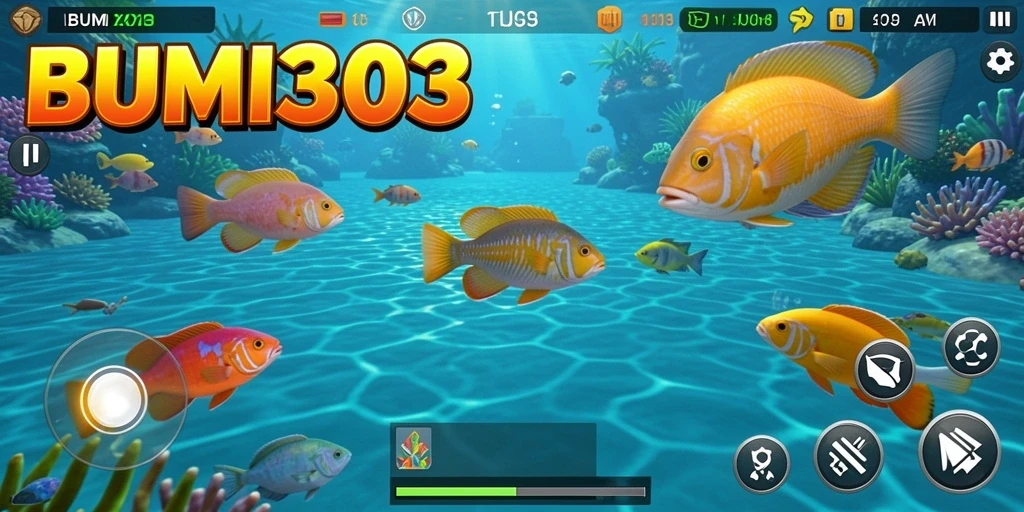 Tampilan gameplay seru dalam BUMI303 saat menembak ikan.