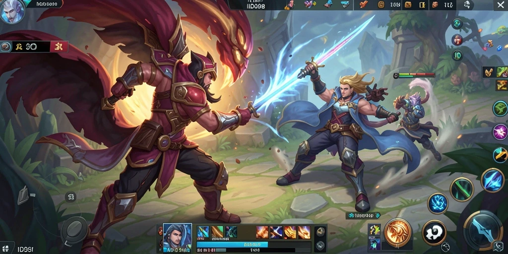 Tangkapan layar gameplay ID098 yang menampilkan aksi pertempuran seru di arena.