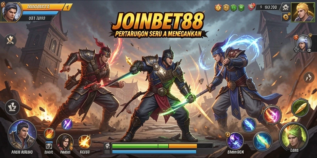 Screenshot utama JOINBET88 menampilkan aksi pertarungan yang intens dan karakter yang kuat.