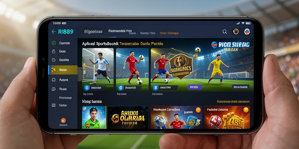 Tampilan utama aplikasi RI889 menunjukan fitur Sportsbook yang lengkap.